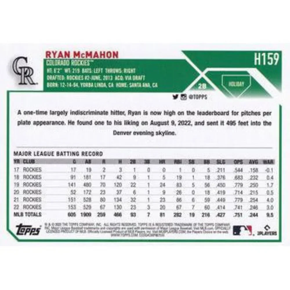 2023 Topps Holiday Ryan McMahon H159 Colorado Rockies